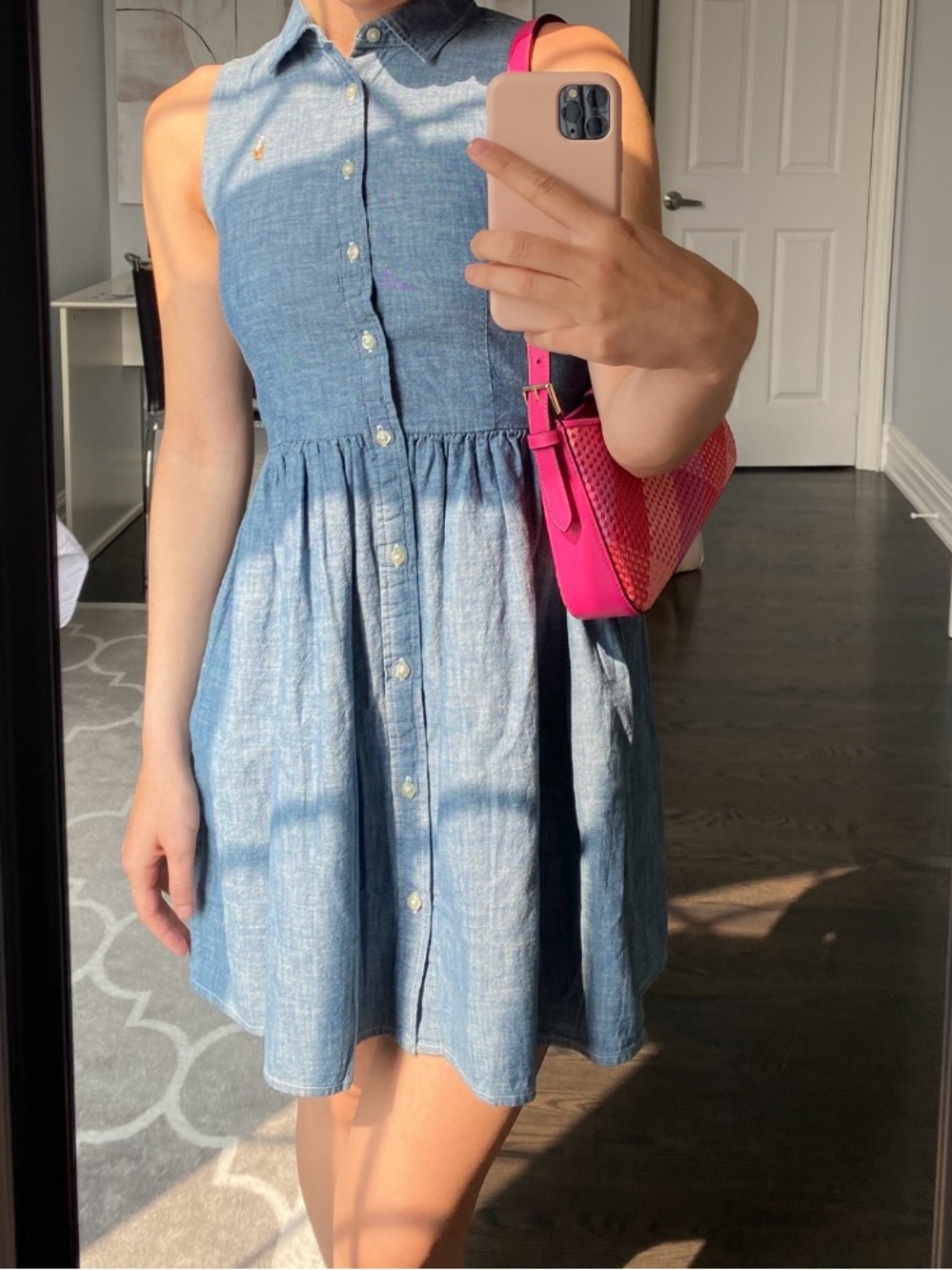 Polo by Ralph Lauren Sleeveless Chambray Button-Front Dress in Light Blue